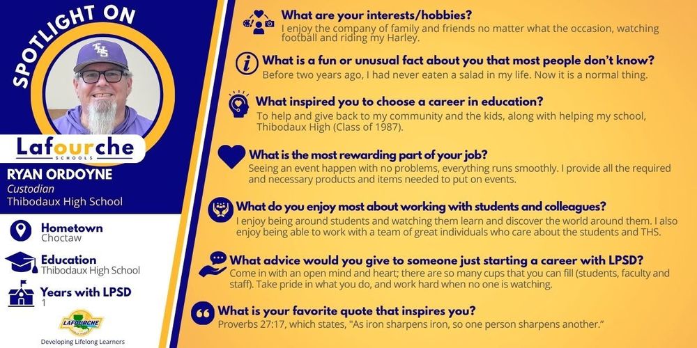 Blue and yellow graphic containing a headshot of Ryan Ordoyne and his responses to several spotlight questions.,