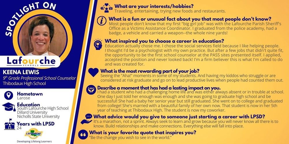 Blue, yellow and white graphic with a headshot photo of Keena Lewis and her responses to some spotlight questions.