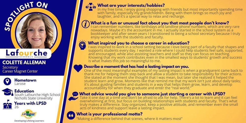 An employee spotlight graphic for Colette Alleman, the Secretary at the Career Magnet Center, who has served the Lafourche Parish School District for 26 years. The graphic features her portrait, professional background, and personal insights on her career in education.