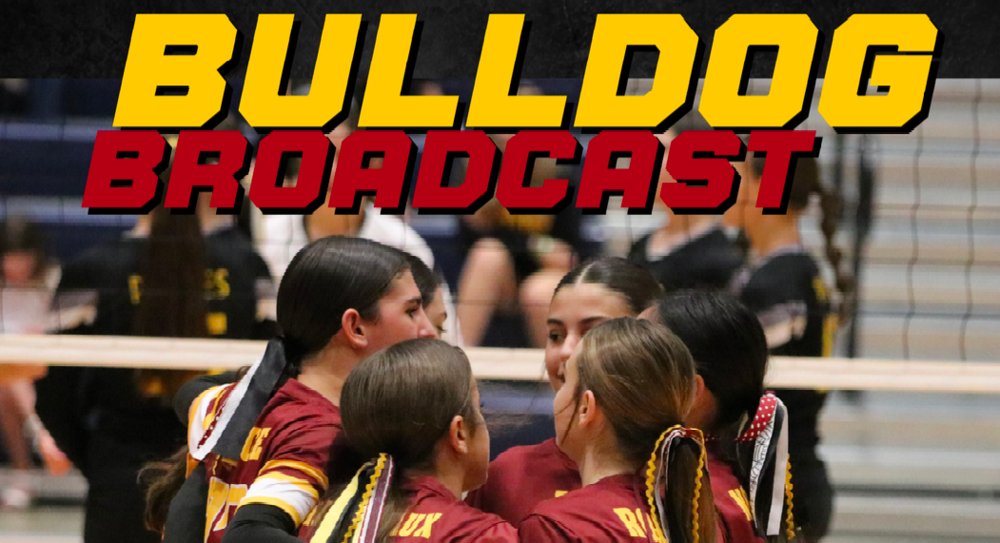 The cover of the Bulldog Broadcast shows the LCOMS volleyball team embracing.
