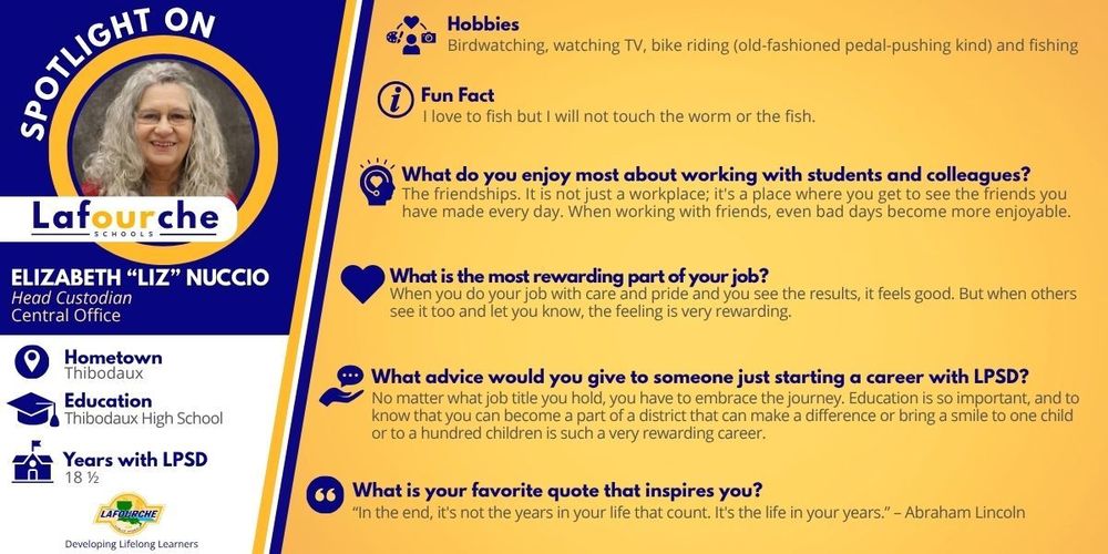 A blue and yellow graphic containing a headshot of Liz Nuccio and her responses to Spotlight questions.