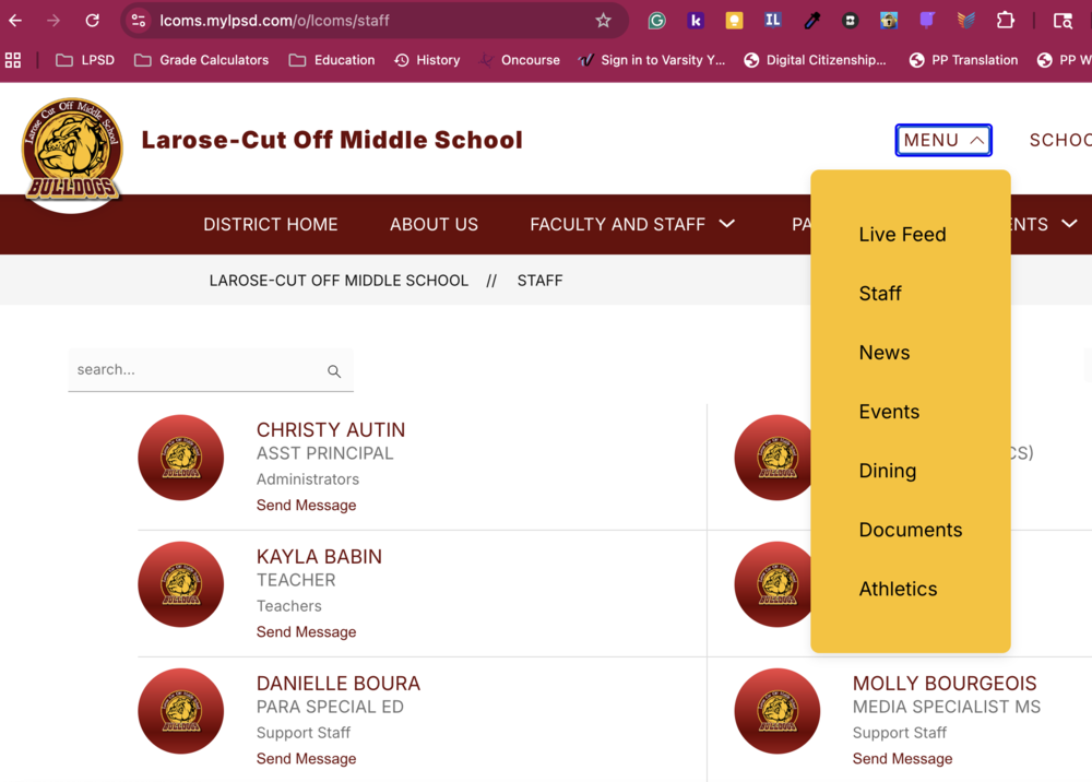 A screenshot of the LCOMS website showing how to contact staff members.
