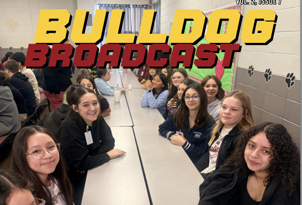 Cover image of the Bulldog Broadcast magazine with students sitting at a table.