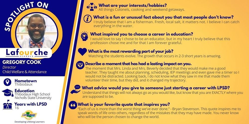 Blue, white and yellow graphic with responses to Greg Cook's Spotlight questions.