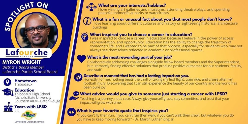 A "Spotlight on Lafourche Schools" profile graphic for Myron Wright, District 1 Board Member for the Lafourche Parish School Board. The graphic includes his photo, educational background, and a Q&A section regarding his inspirations and advice.