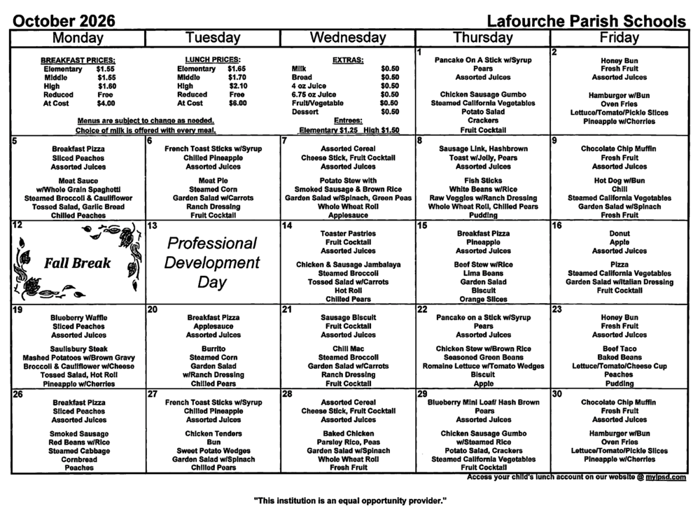 October Lunch Calendar