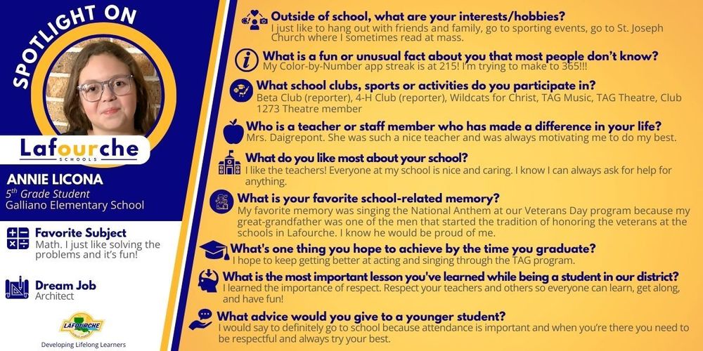 Blue, yellow and white graphic with Annie Licona's responses to Spotlight questions.