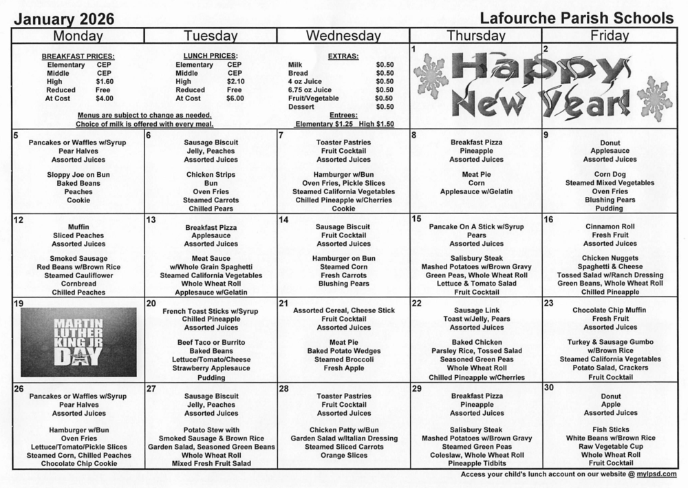 Jan. Lunch Calendar