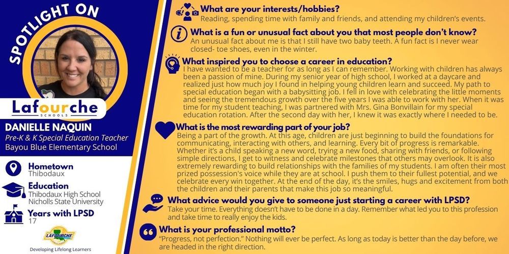 A blue and yellow graphic with a photo of Danielle Naquin and her responses to several Spotlight questions.