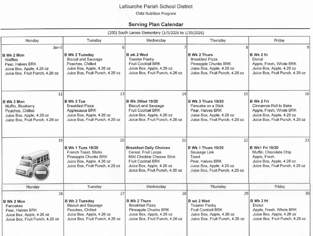 January Cafeteria Menu Calendar