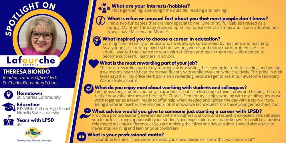 Blue, yellow and white g raphic containing the responses to Theresa Biondo' s Spotlight questions.