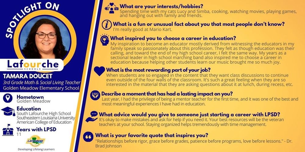 Blue and yellow graphic with a headshot of Tamara Doucet and her responses to some Spotlight questions.