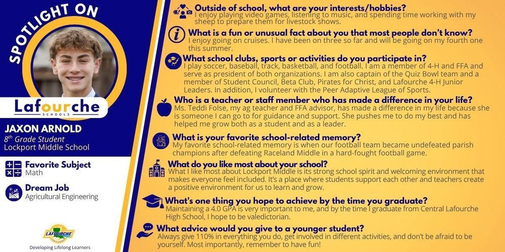 A blue and gold "Spotlight On" graphic features Jaxon Arnold, an 8th-grade student at Lockport Middle School. His photo is on the left with his name and details. A list of interview questions and answers takes up the right side. Questions cover his interests, a fun fact, clubs, a teacher who made a difference, favorite memory, what he likes about school, goal before graduation, and advice for younger students. Logos for Lafourche Schools are in the corners.