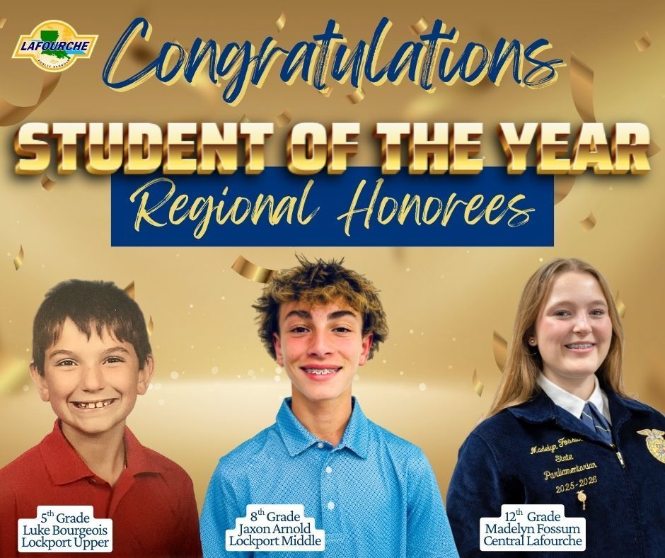Gold background with headshots of the LPSD Students of the Year Luke Bourgeois, Jaxon Arnold, and Madelyn Fossum.