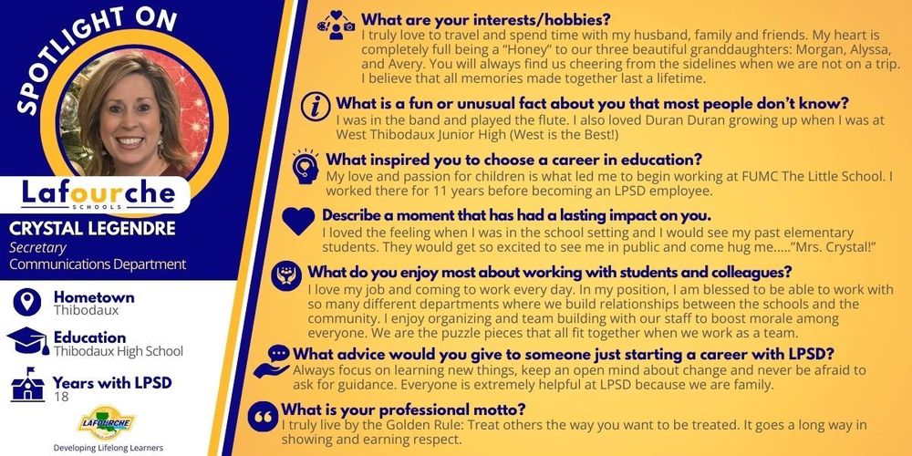 Blue, yellow and white graphic containing the ansers to Crysial Legandre's spotlight questions.