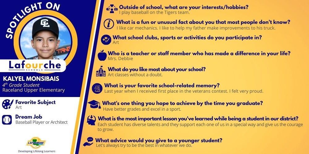 nfographic flyer titled "Spotlight on Kalyel Monsibais," a 4th-grade student at Raceland Upper Elementary. Includes his photo, his favorite subject (Art), his dream job (Baseball Player or Architect), and a question-and-answer section detailing his hobbies, favorite school memories, and advice for younger students.