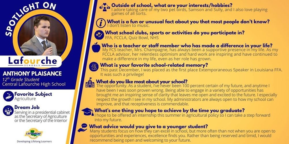 Educational spotlight graphic for Lafourche Schools featuring Anthony Plaisance, a 12th-grade student at Central Lafourche High School. Profile Sidebar: Favorite Subject: Agriculture. Dream Job: Serving in a presidential cabinet as the Secretary of Agriculture or the Secretary of the Interior. Question & Answer Section: Interests/Hobbies: Taking care of his two pet birds, Samson and Sully, and playing games. Fun Fact: He does not listen to music. Activities: FFA, FCCLA, Quiz Bowl, and NHS. Influential Teacher: Mrs. Champagne (FCS teacher and FCCLA advisor) for her relentless optimism and support. Favorite School Memory: Winning first place as Extemporaneous Speaker in Louisiana FFA this past December. What he likes most about school: The variety of opportunities that provide clarity and excitement for the future, and administrators who are open to improvement. Graduation Goal: To be offered an internship in agricultural policy this summer. Advice to younger students: "Rather than being reserved and timid, I would recommend being open and welcoming to your future." The graphic includes a photo of Anthony speaking into a microphone and the Lafourche Schools logo with the motto "Developing Lifelong Learners."