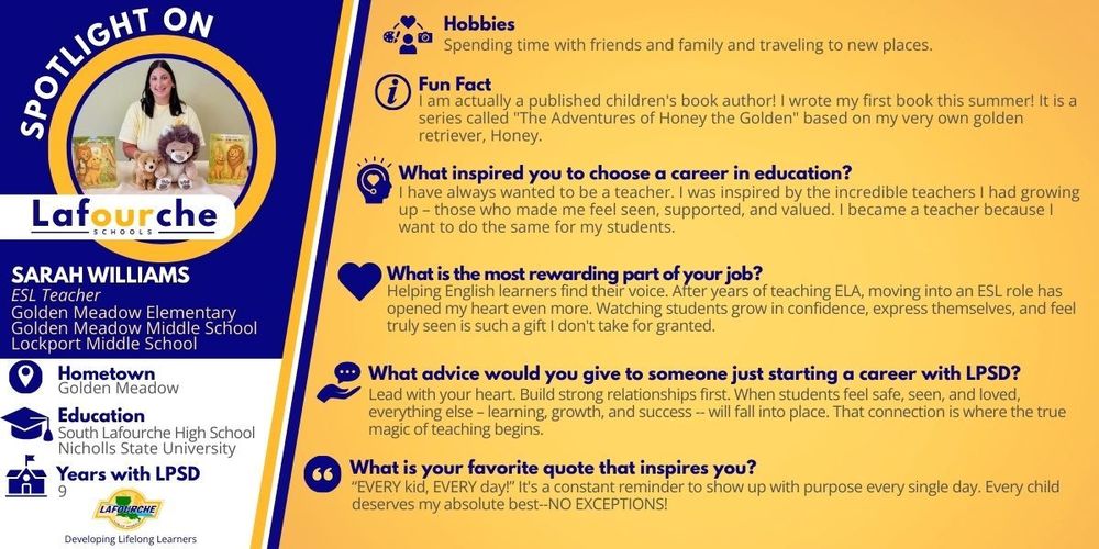 A blue and yellow graphic with a picture of Sarah Williams and her responses to questions for her staff spotlight.