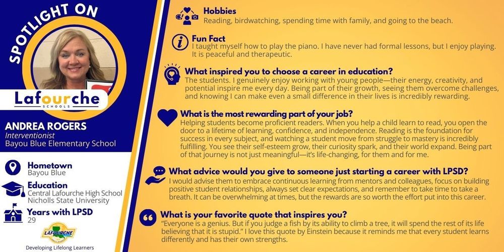 Blue and yellow infographic with a photo  of Andrea Rogers and the responses to her questions.