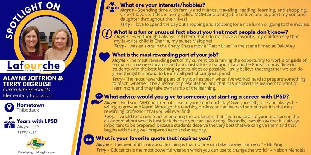 A "Spotlight on Lafourche Schools" profile graphic for Alayne Joffrion and Terry Degruise, Curriculum Specialists for Elementary Education. The graphic includes their photos, career longevity with LPSD, and a Q&A section regarding their professional advice and inspirations.