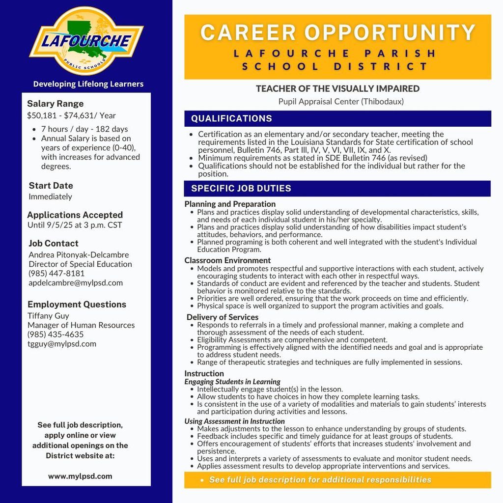 Visually Impaired Teacher job description