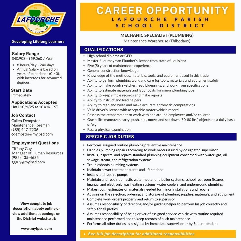 Job Description for Mechanic Specialist - Plumbing position