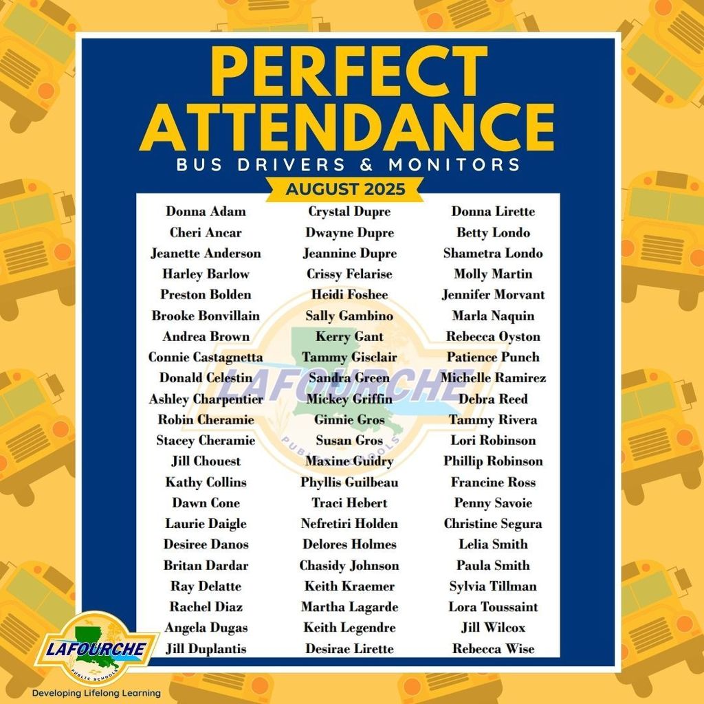 List of 66 bus drivers and monitors who earned perfect attendance for the month of August 2025.