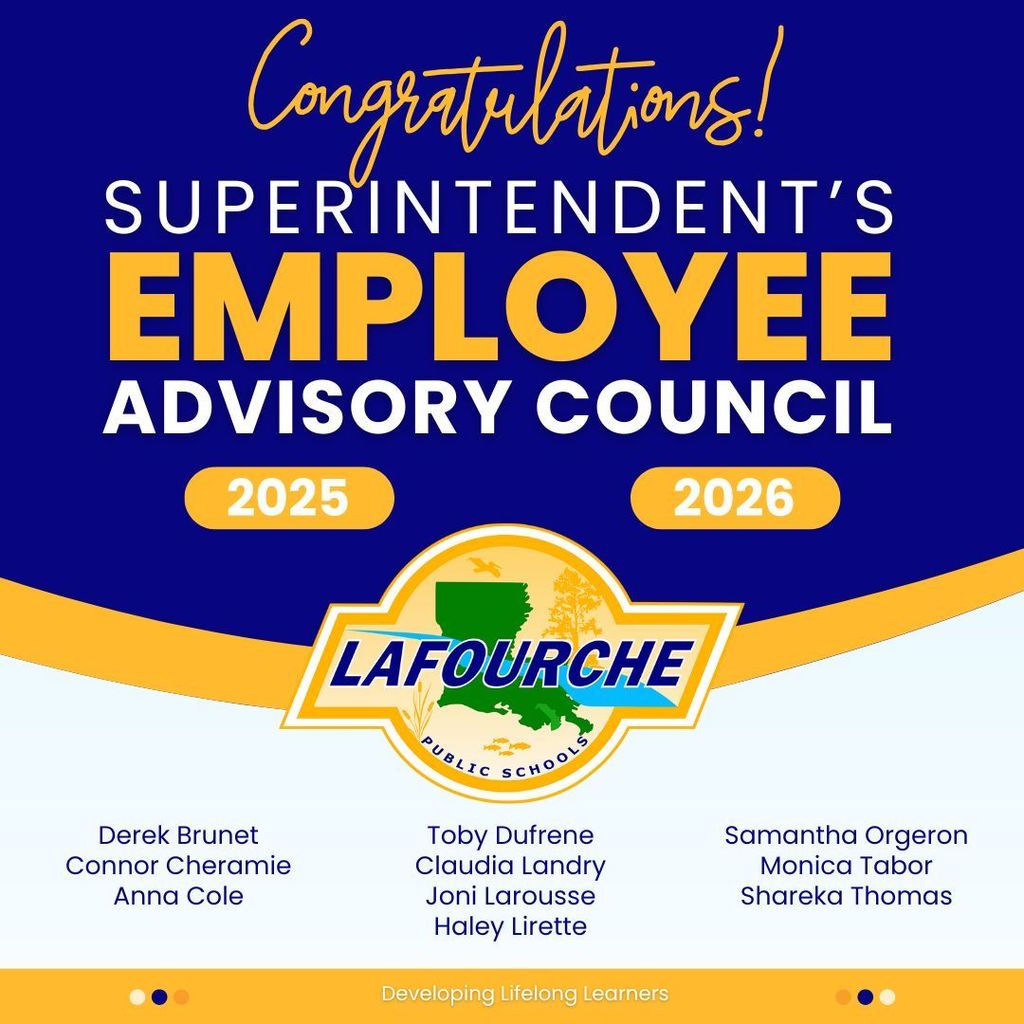 Blue and yellow graphic listing the names of the Superintendent's Employee Advisory Council for the 2025-2026 school year.