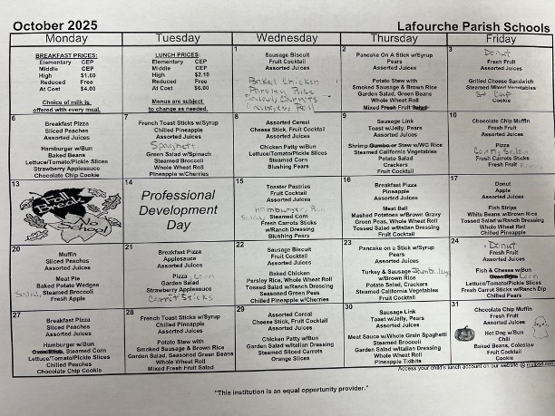 School lunch and breakfast calendar