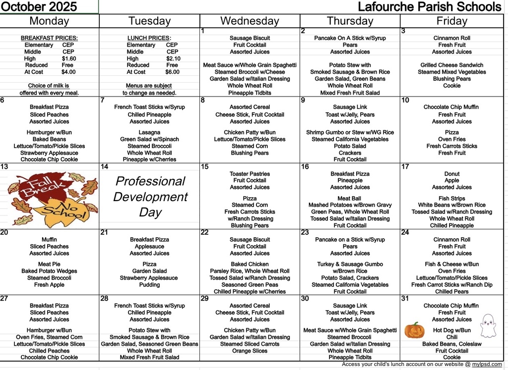 October Lunch Menu