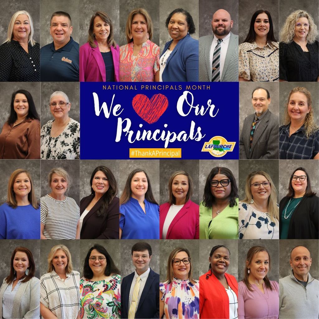 Collage of all 28 principals in the Lafourche Parish School District.