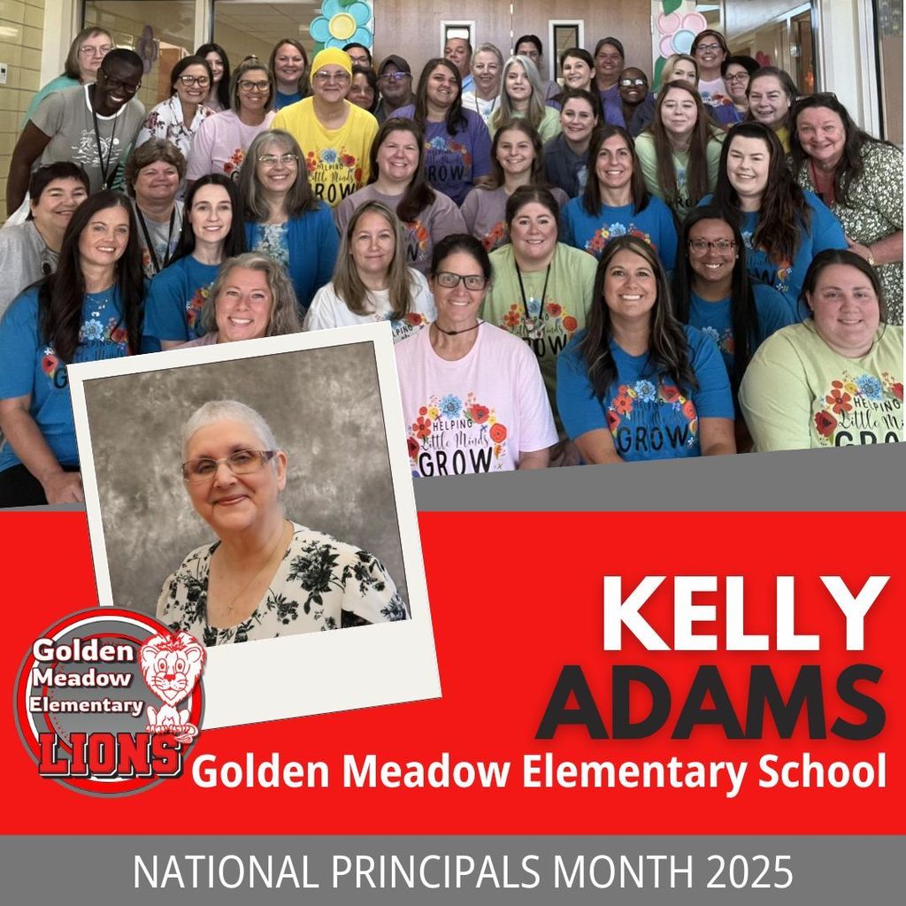 Graphic with a headshot of principal Kelly Adams and a photo with her staff.
