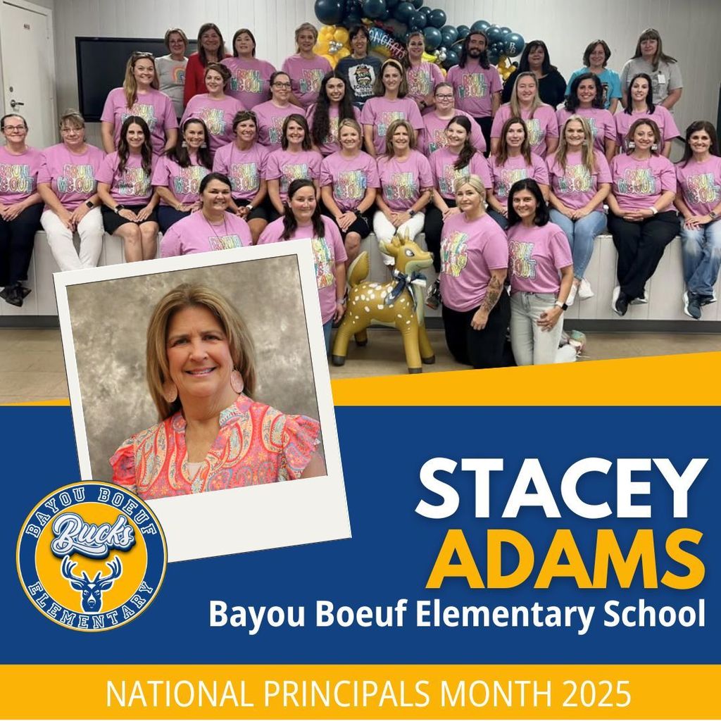 Blue and yellow graphic with a headshot of principal Stacey Adams and a photo of her staff.