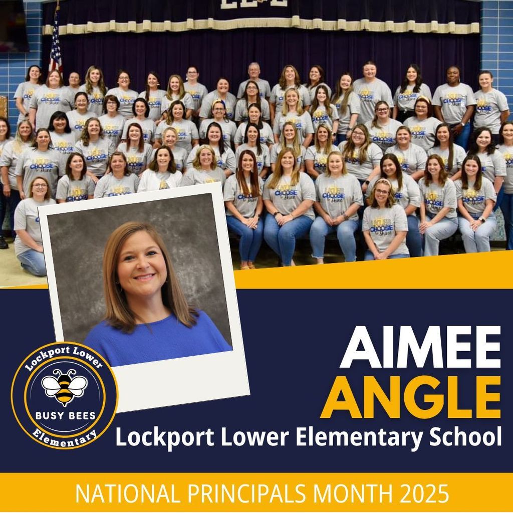 Dark blue and gold graphic with a headshot of principal Amy Angle and a photo of her staff.