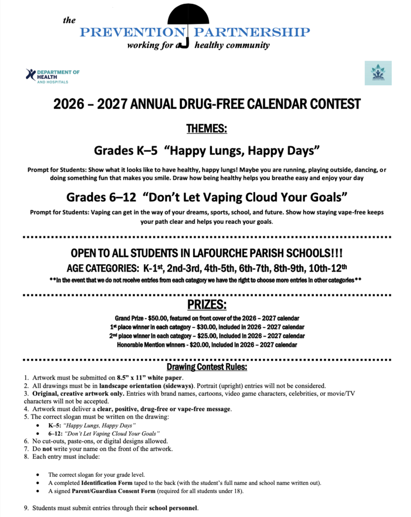 Flyer for the 2026–2027 Drug-Free Calendar Contest in Lafourche Parish. Themes: 'Happy Lungs, Happy Days' for K–5 and 'Don’t Let Vaping Cloud Your Goals' for grades 6–12. Includes rules, age categories, and prize details.