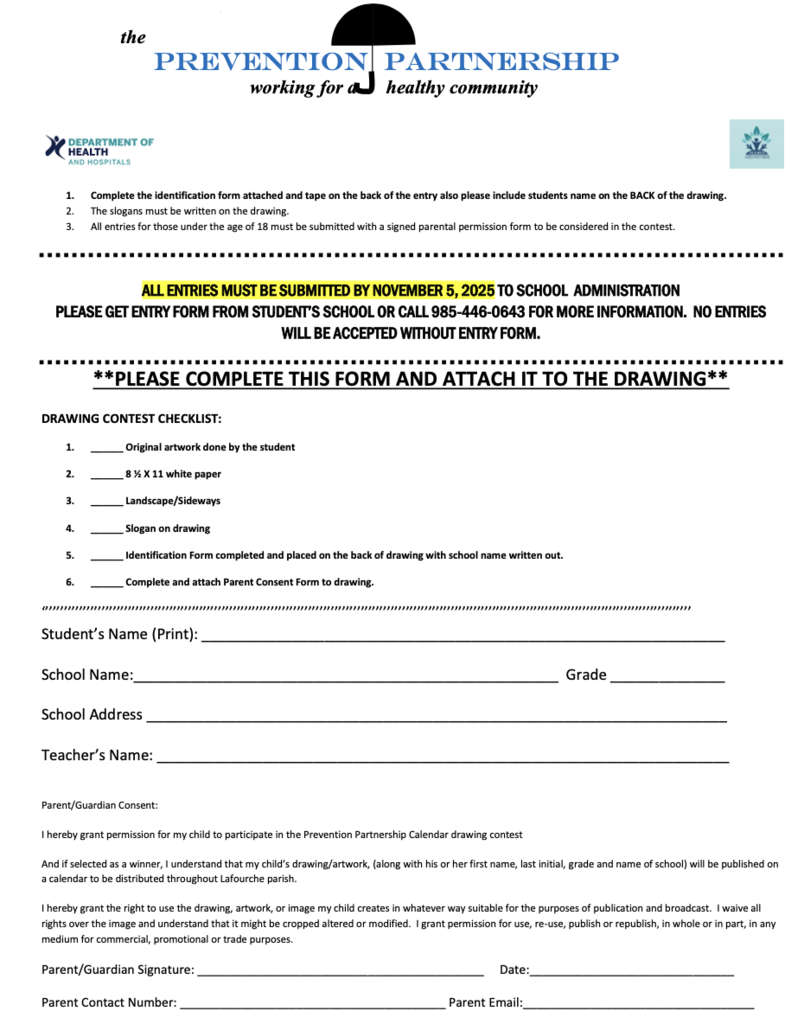 Drawing contest entry form with student info fields, submission rules, and parent/guardian consent section. Deadline: November 5, 2026.