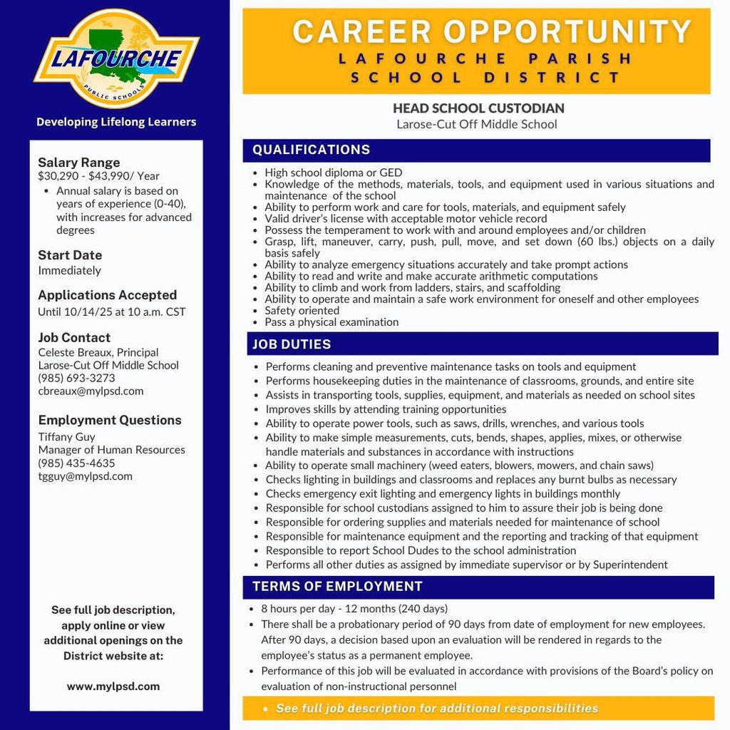 Job description for head custodian position at Larose-Cut Off Middle School