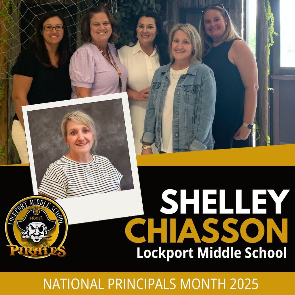 Black and gold graphic containing a headshot of principal Shelley Chiasson and a photo of her with other members of her school administration.