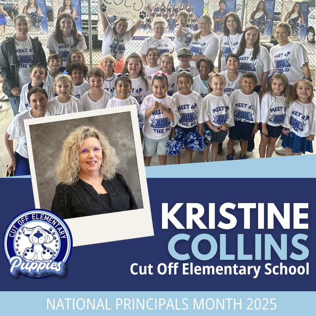 Blue graphic containing a headshot of principal Kristine Collins and a group photo with kindergartners and staff members.