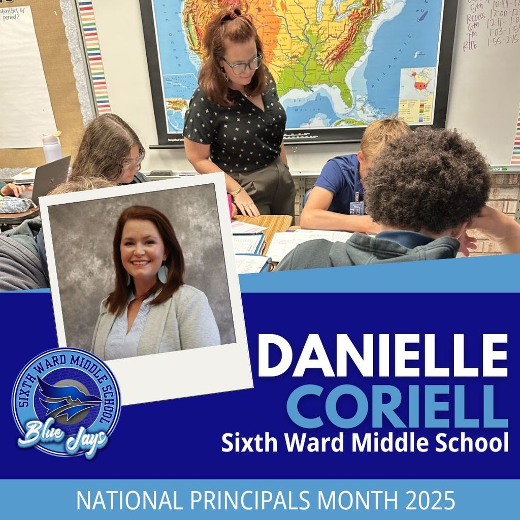Blue graphic containing a headshot of principal Danielle Coriell and a photo of her observing students working in a classroom.