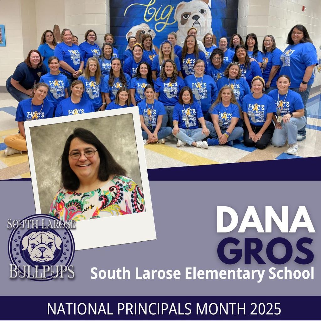 A gray and nay blue graphic with a headshot of principal Dana Gros and a group photo of her with her staff.