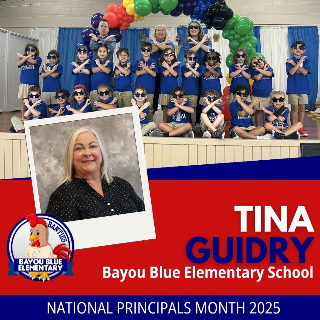 Red and blue graphic with a headshot of principal Tine Guidry and a group photo of her with students.