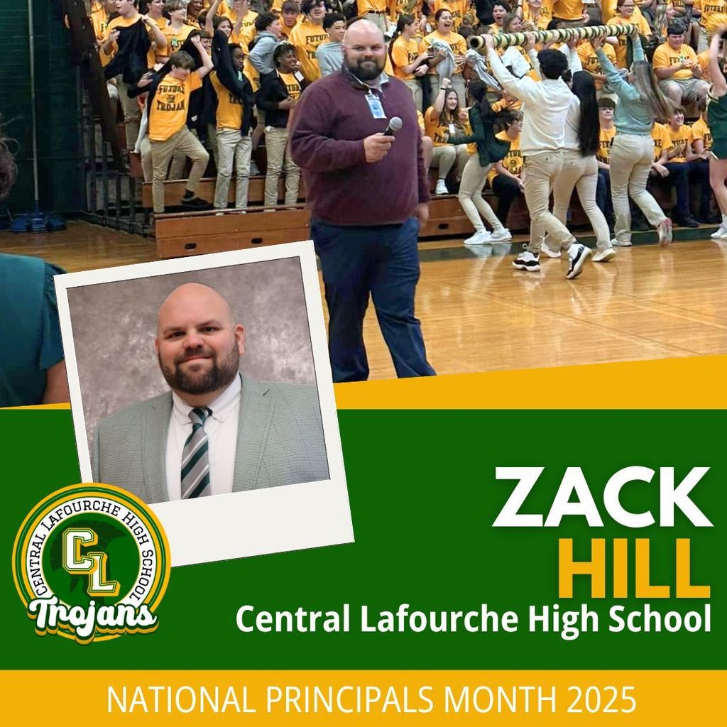 Green and yellow graphic containing a headshot of principal Zach Hill and a photo of him holding a microphone in front of a group of students in the gym.