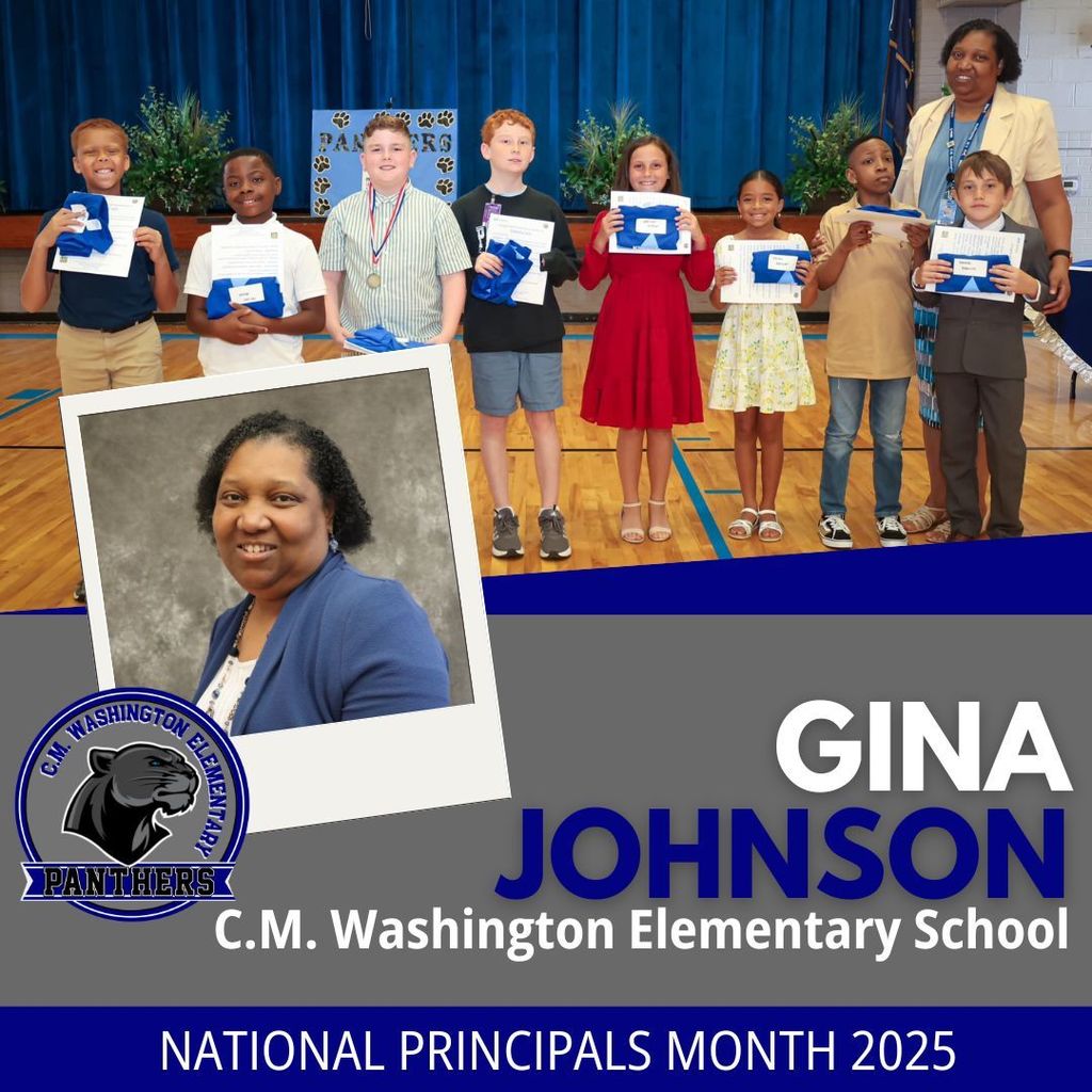 Blue and gray graphic with a headshot of principal Gina Johnson and a photo of her with some of her students at an awards ceremony.