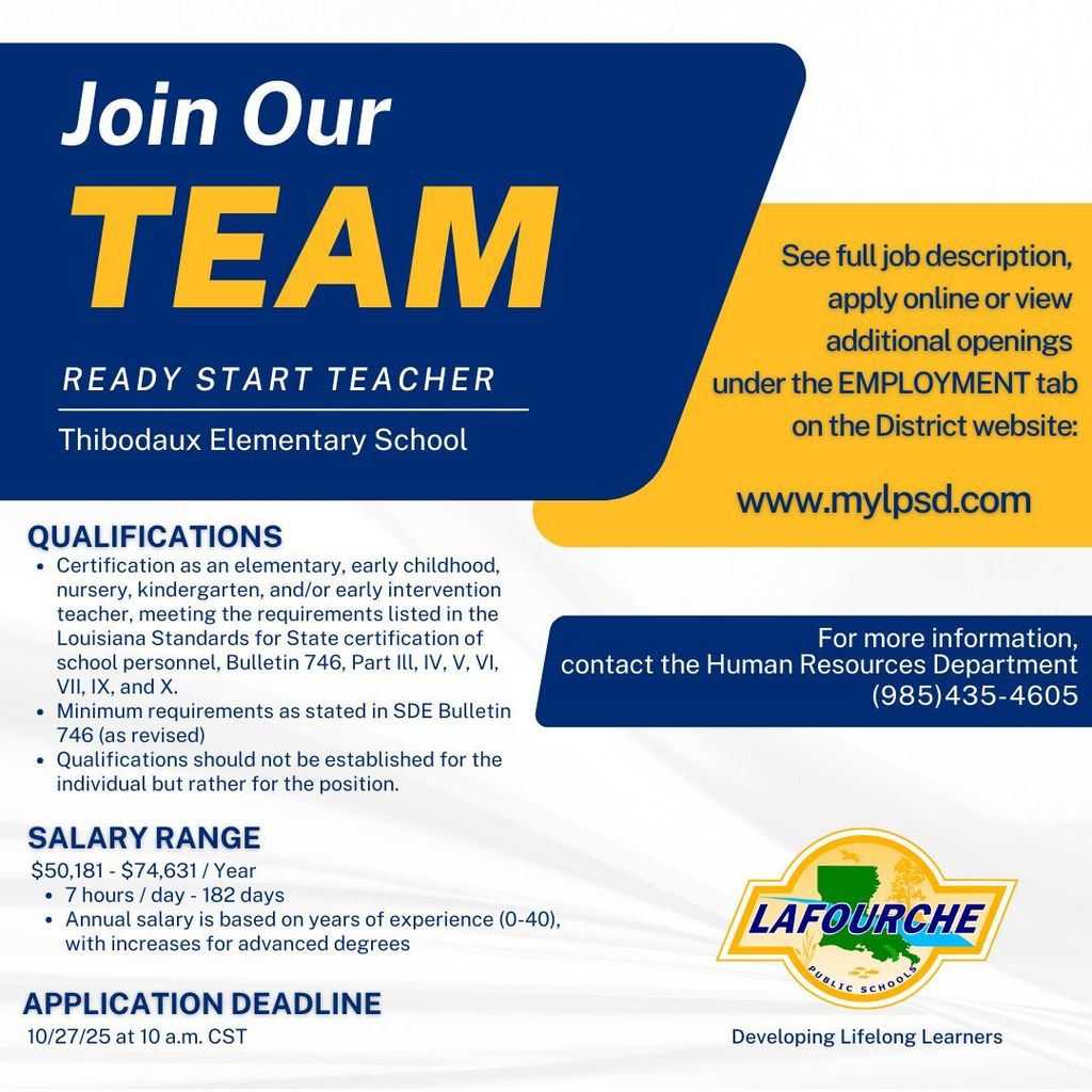 Job posting for Ready Start Teacher position at Thibodaux Elementary School.