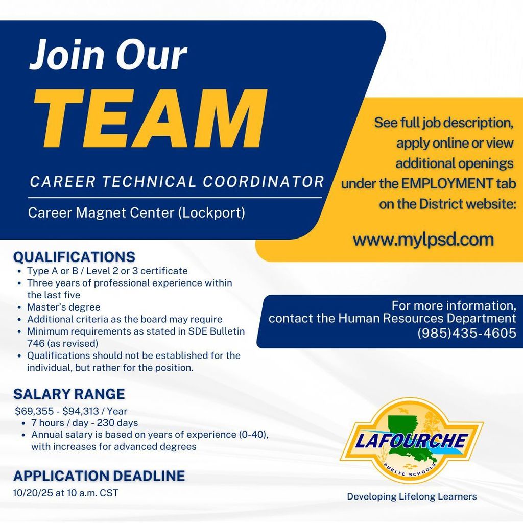 Job posting for Career Technical Coordinator position.