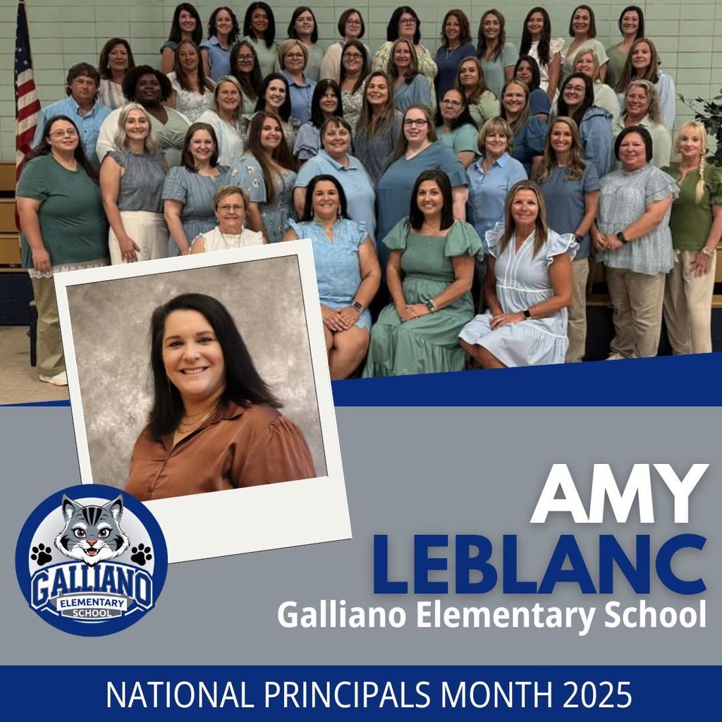 A blue and gray graphic with a headshot of principal Amy Leblanc and a group photo with her staff.