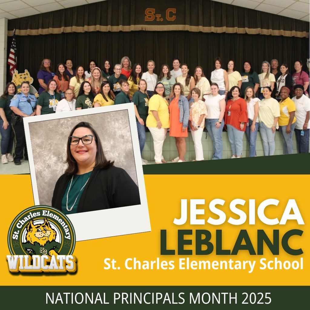 A green and yellow graphic containing a headshot of principal Jessica  Leblanc and a group photo with her staff.