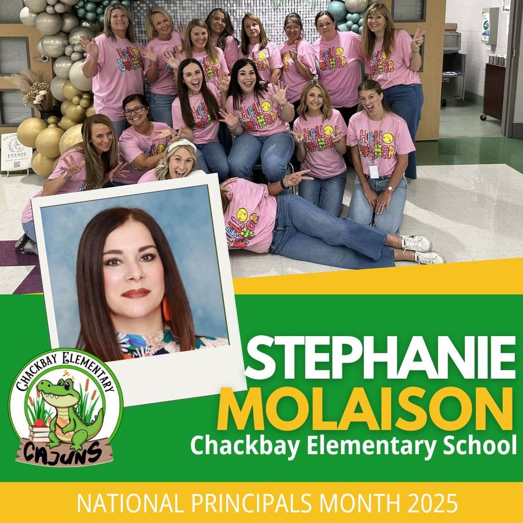 A green and yellow graphic with a headshot of principal Stephanie Molaison and a group photo with some of her staff.