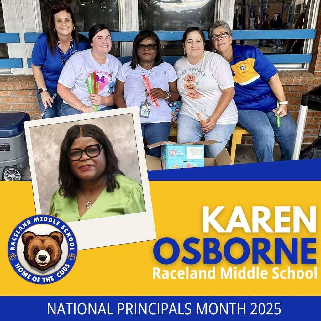 A blue and yellow graphic with a headshot of principal Karen Osborne and a photo with sveral other members of her staff.